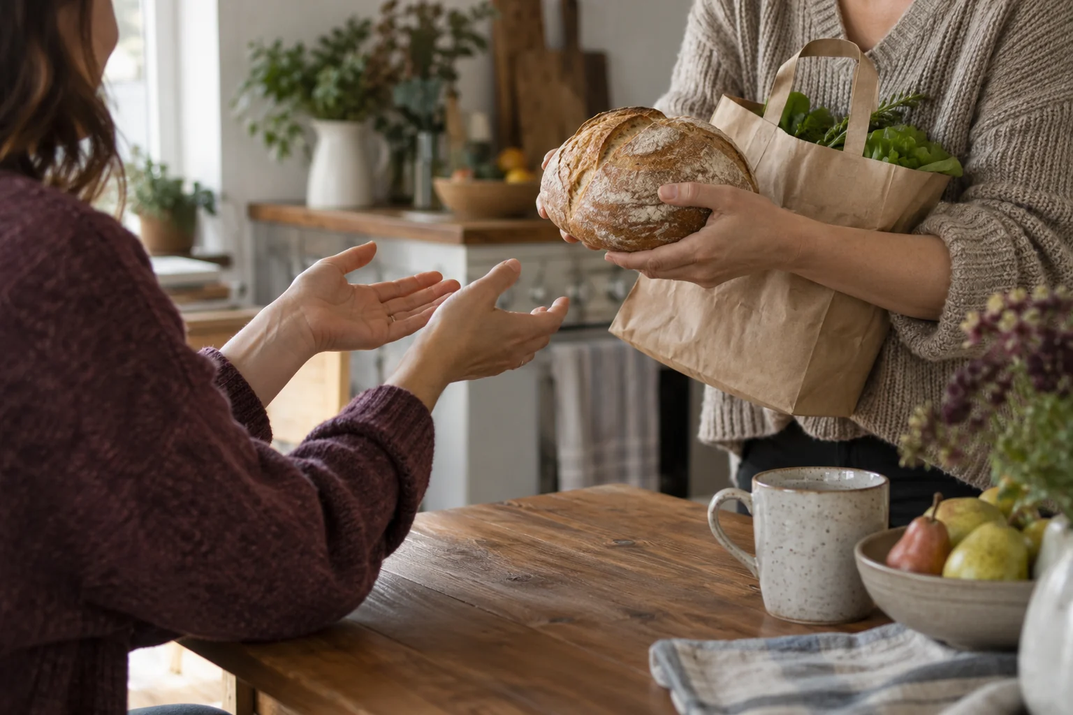 Один человек передаёт другому пакет с продуктами на кухне